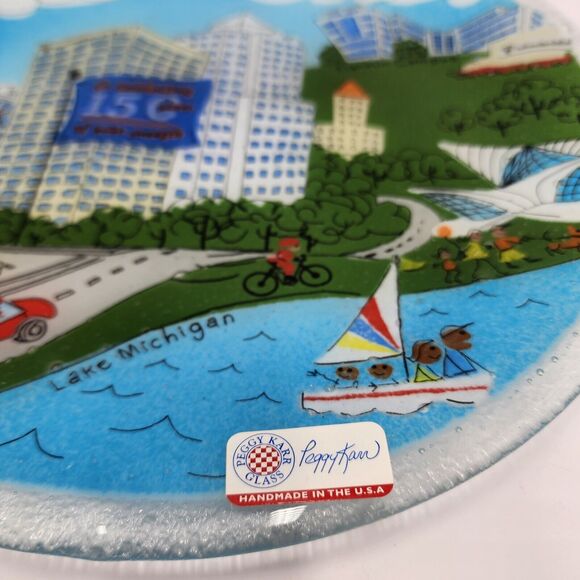Peggy Karr Fused Glass Plate Milwaukee 150 Years Lake Michigan 10” Northwestern - Picture 2 of 6